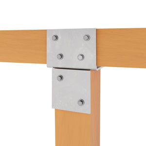 Wood connector T piece joining a horizontal wooden beam to a vertical post.