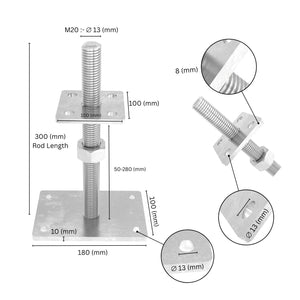 Height-adjustable bolt-down post holder with labeled size and dimensions showing base plate, bolt and adjustment range.