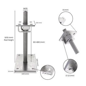 Bolt down height adjustable post support with hook labeled size dimensions.