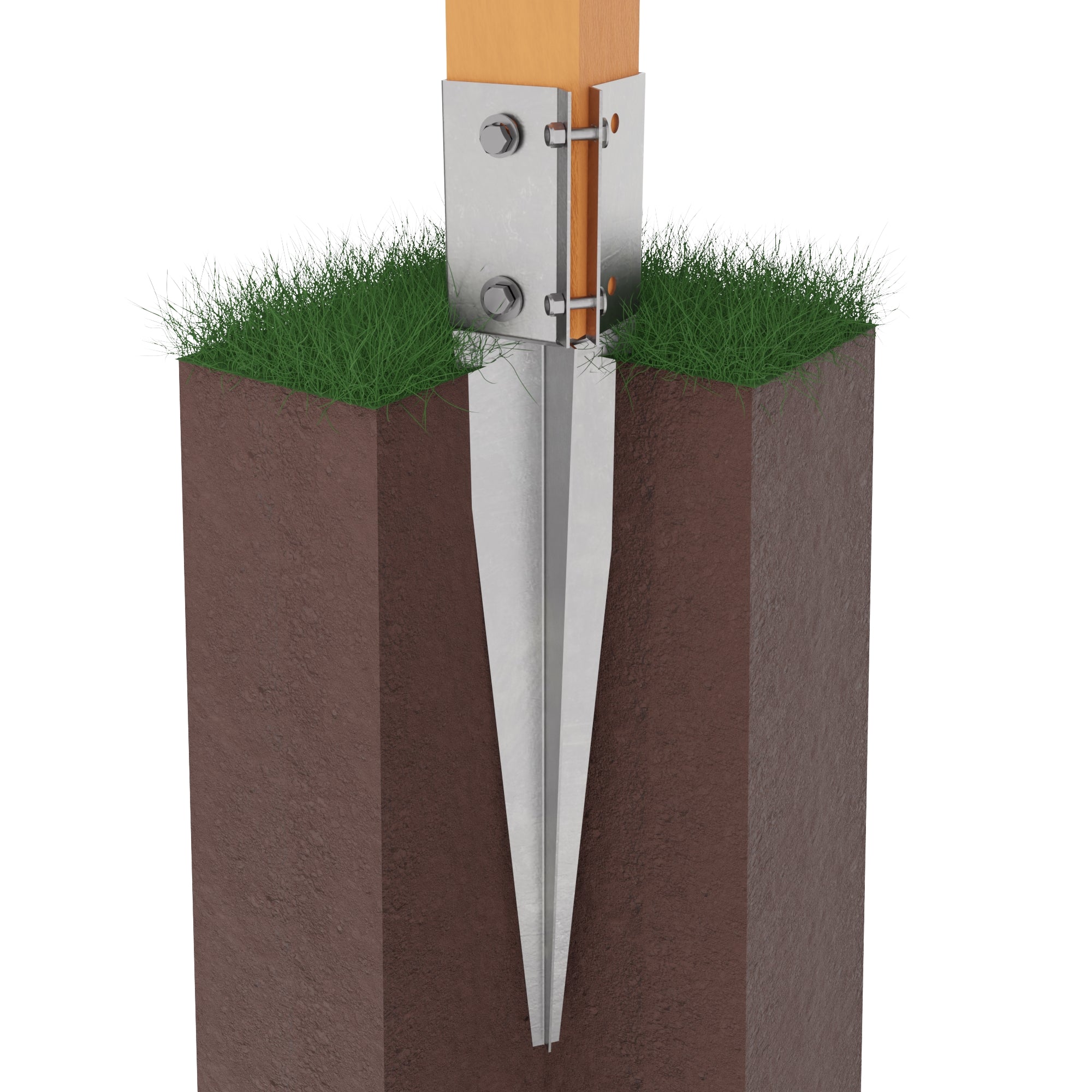 Swift clamp drive in post support spike driven into ground with wooden fence post secured in bracket clamp above ground level.