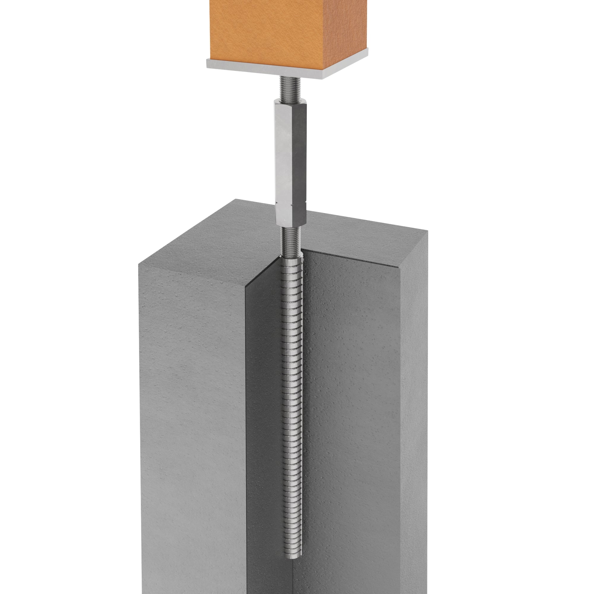Wooden post secured to adjustable post support anchored in concrete.