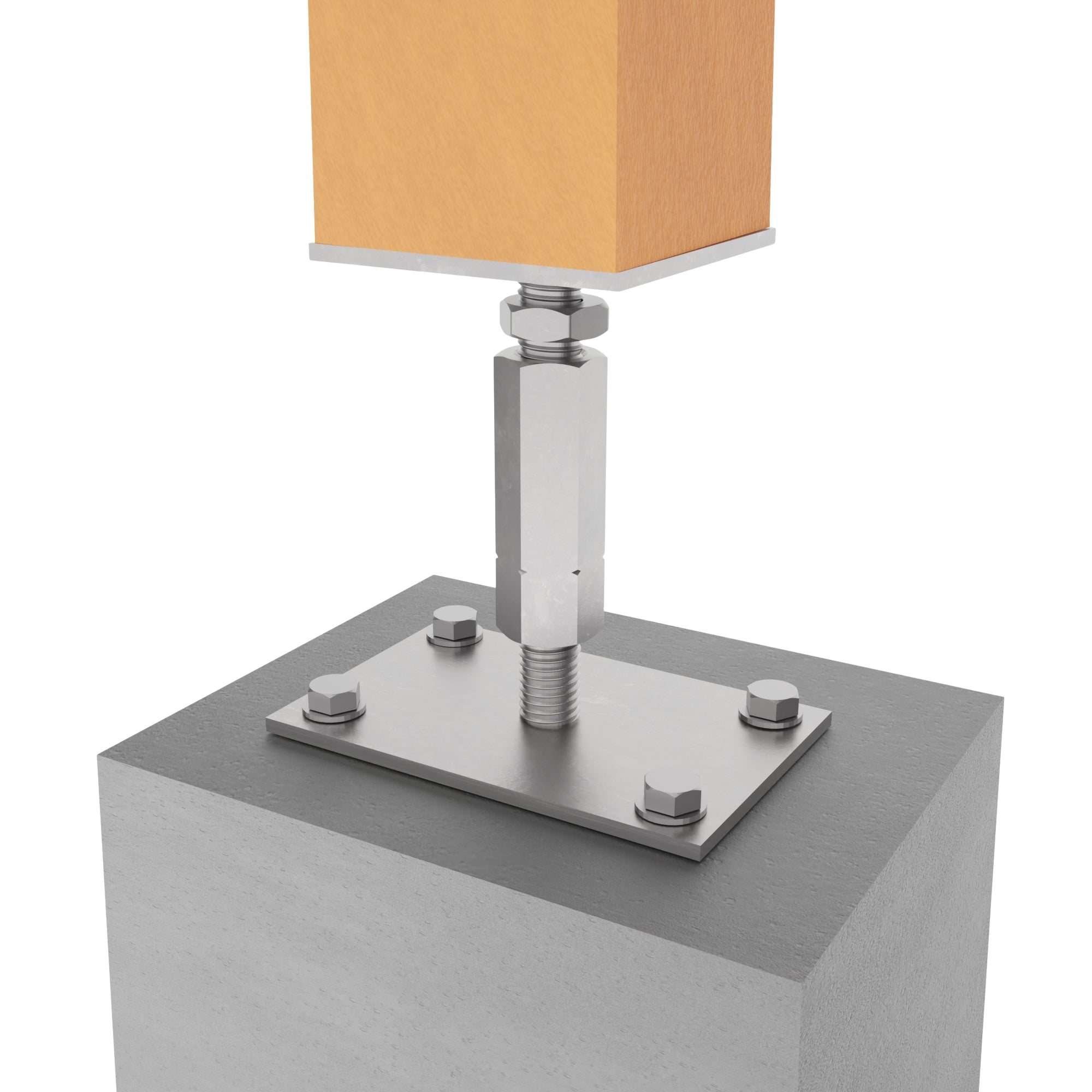 Wooden post attached to bolt down adjustable post base on a concrete surface. 360