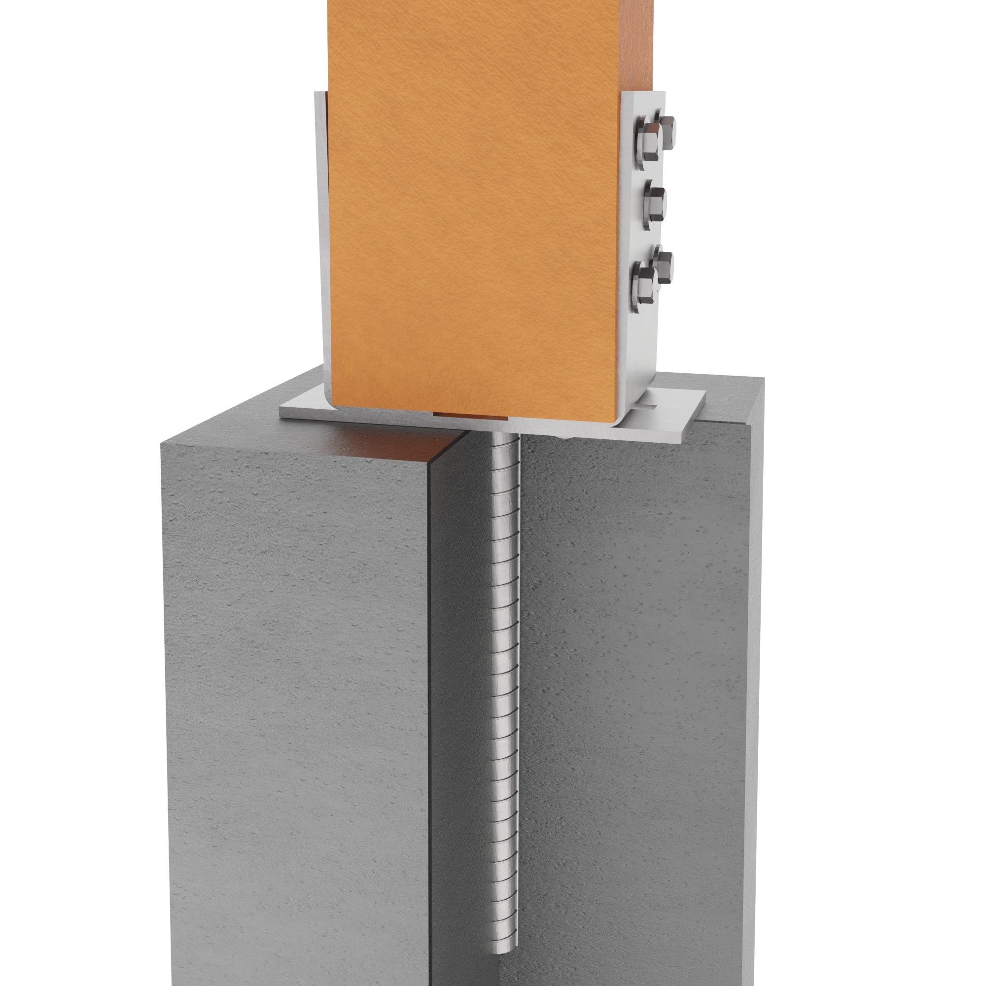 Adjustable U post bracket holding wooden post, secured with threaded rod inserted into concrete foundation.