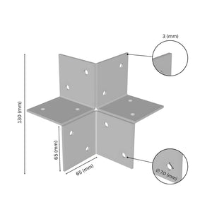 3-way open pergola corner connector bracket with labeled dimensions.