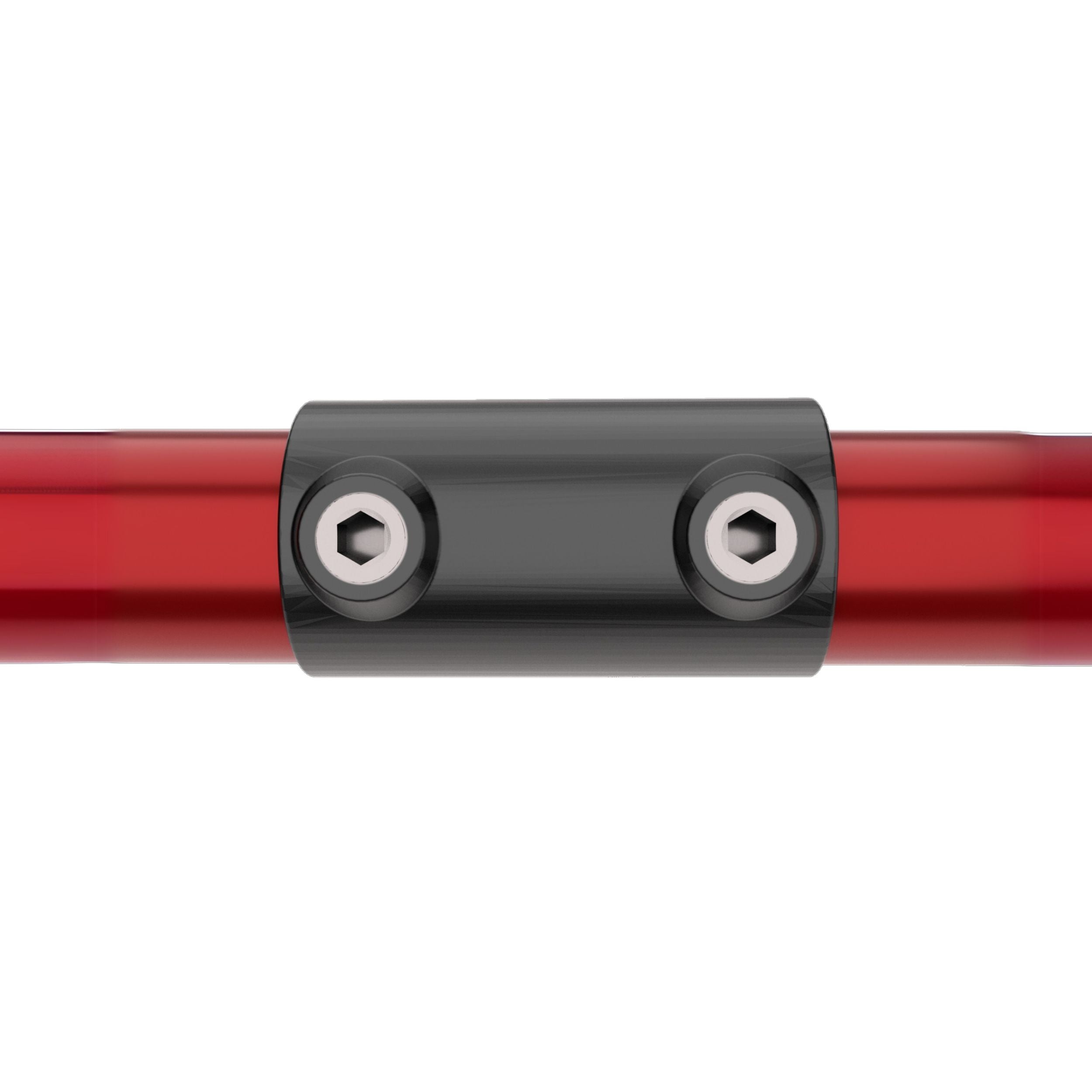 Straight inline external tube clamp connecting two tubular pipes in a straight line.