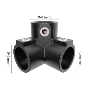 90° 3-way corner pipe clamp 42 mm with labeled dimensions.
