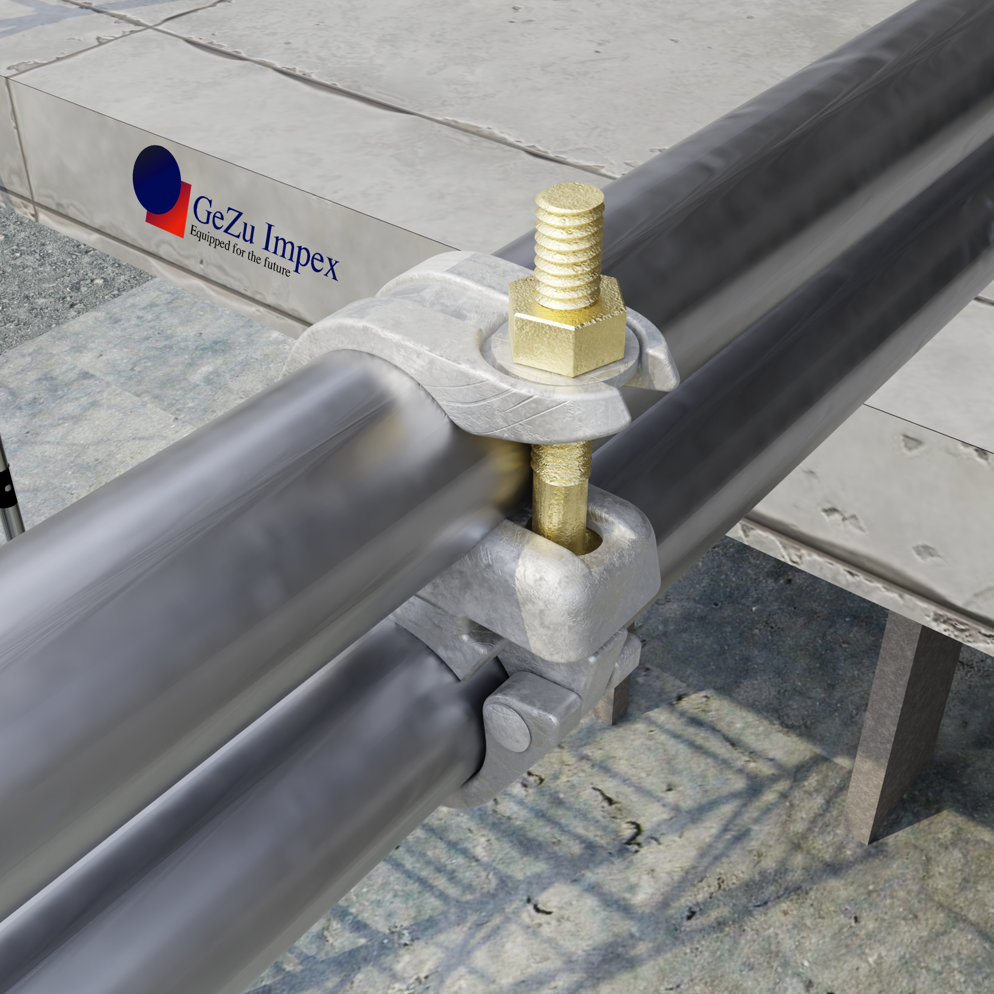 Two steel tubes connected with a scaffolding parallel coupler.