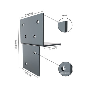 Wood connector T angle bracket with labeled dimensions.