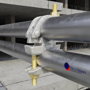 Two scaffold tubes joined in a parallel alignment using a scaffolding parallel coupler on a construction site.