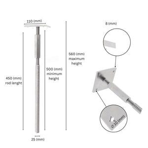 Adjustable post support concrete in with labeled size dimensions.