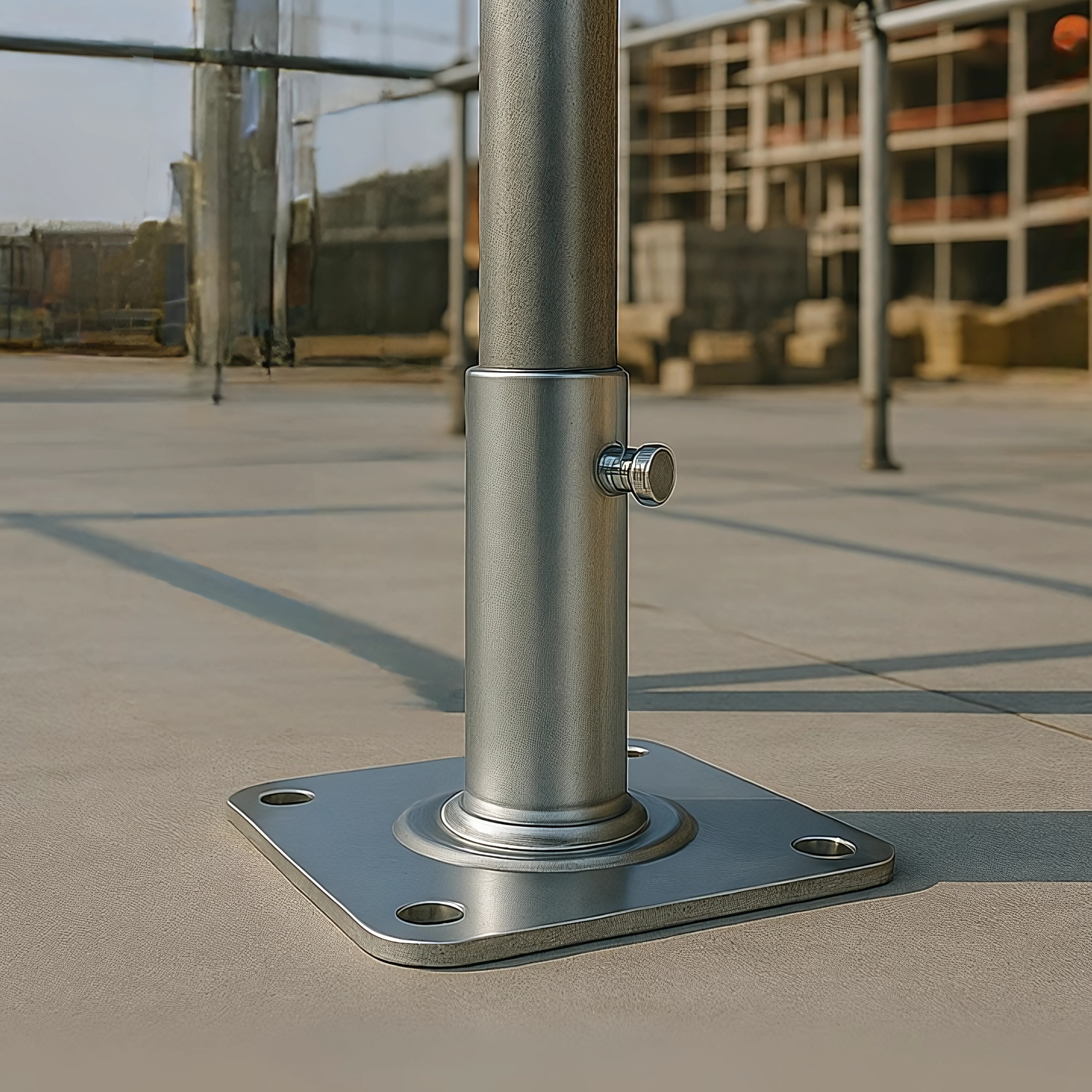Scaffold base plate securing the scaffolding framework to the ground.