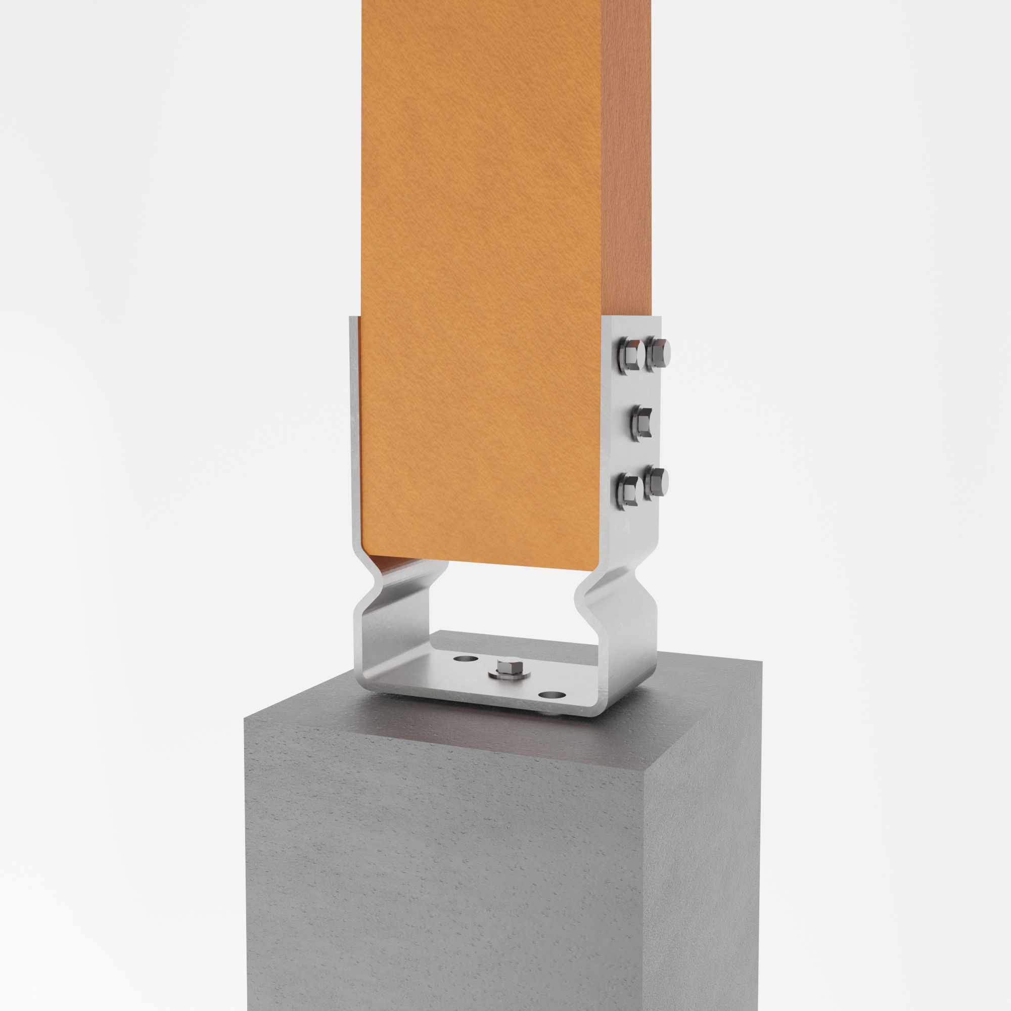 Wooden post attached to a bolt down U shape post support bracket.