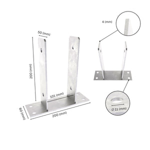 U shape fence post support bracket with labeled size dimensions.