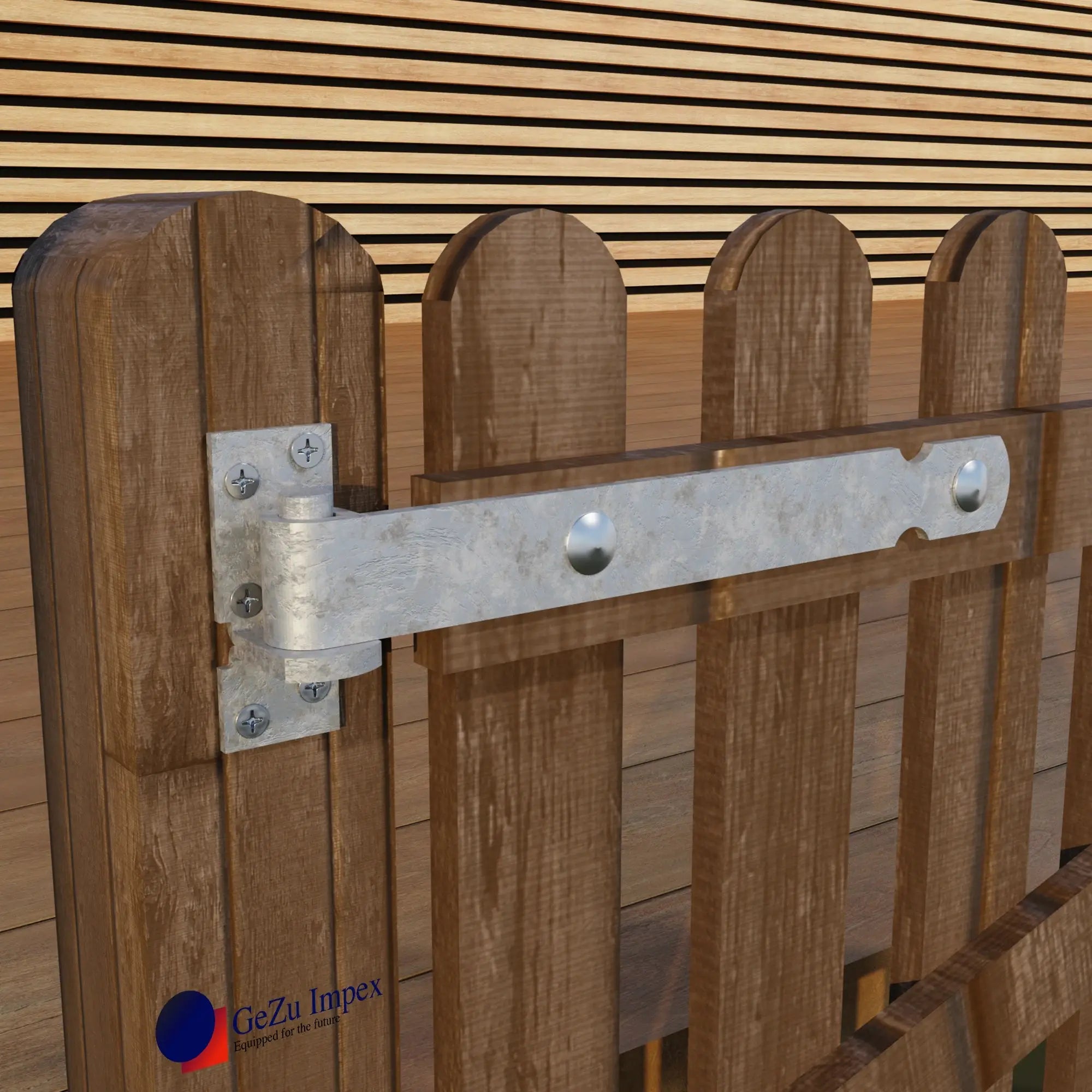 Gate band hinge attached to a wooden gate.