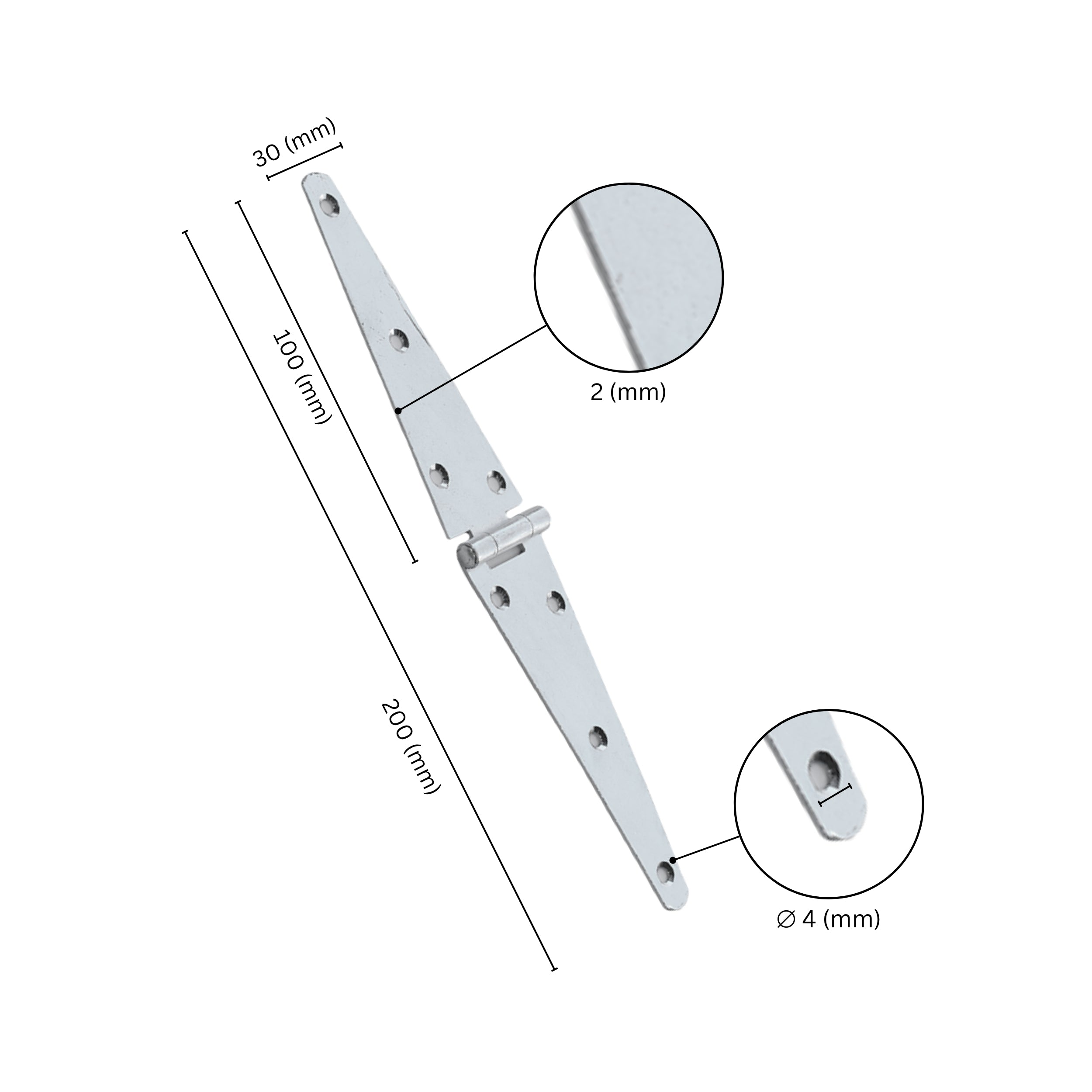Strap hinge for door with labeled dimensions.
