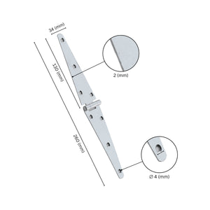Strap hinge for door with labeled dimensions.