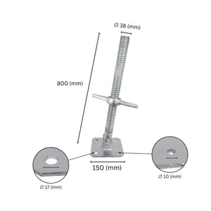 Scaffold leveling swivel screw jack with labeled dimensions showing height, screw length and base plate size.
