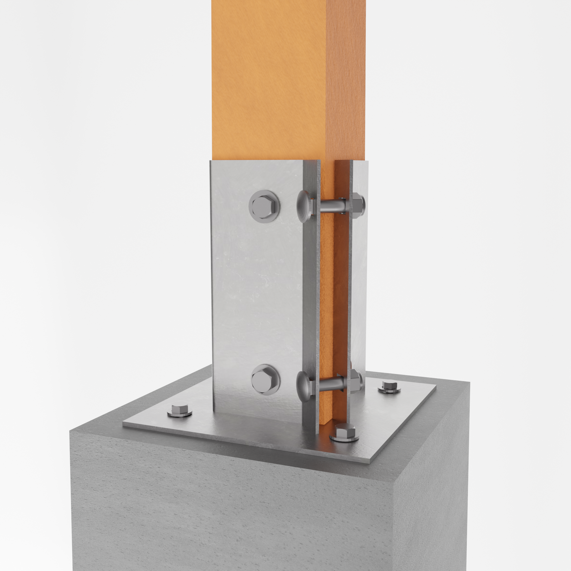 Swift Clamp Bolt Down Post Support holding wooden fence post, mounted on concrete surface.