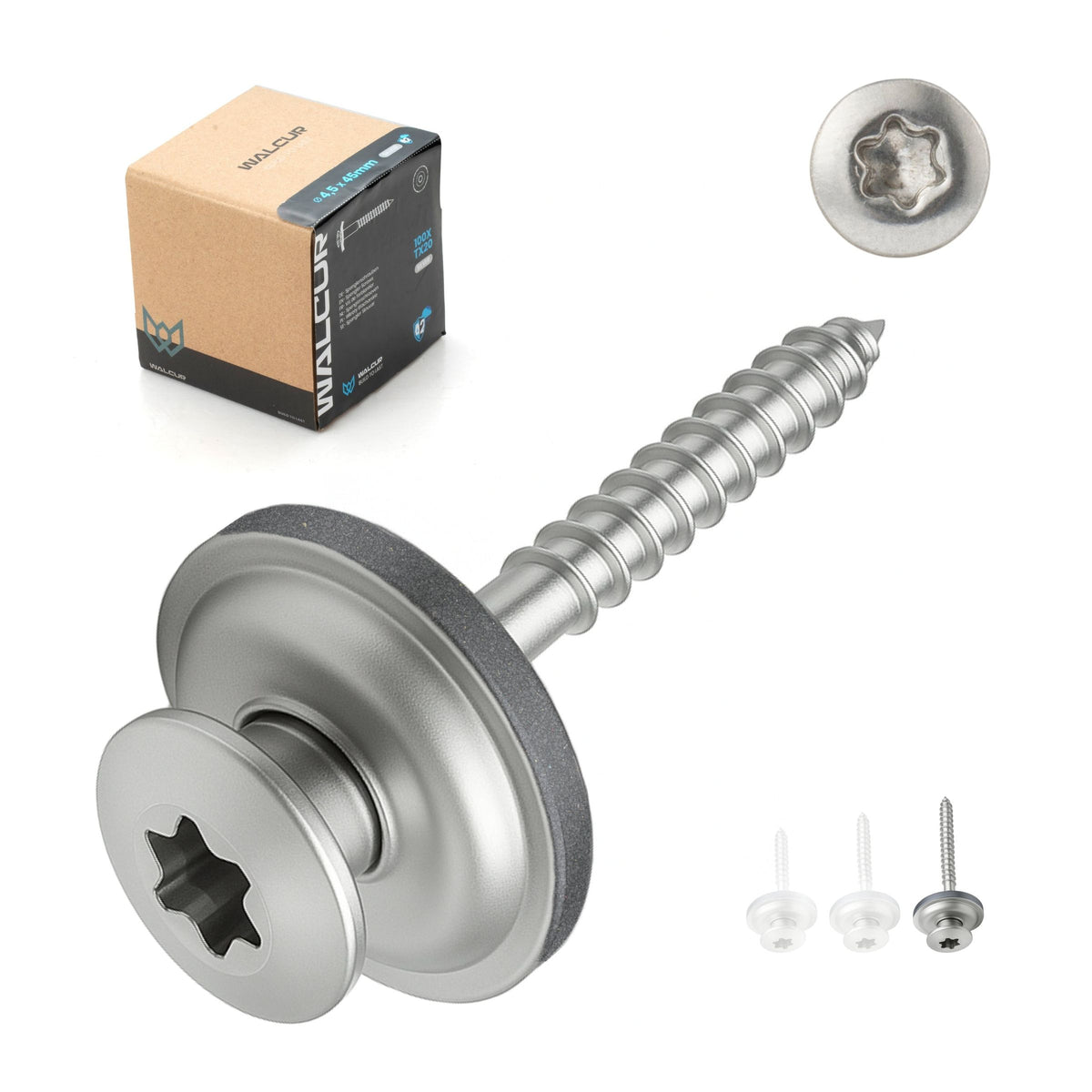 Stainless steel self-drilling roofing screws with sealing washers on a metal roof sheet