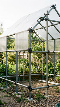 DIY greenhouse frame built from galvanised scaffold tube and bolted pipe fittings