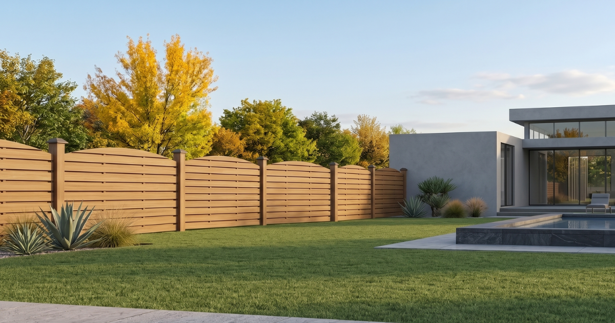 how to protect fence post from rotting:backyard features a horizontal slat wood fence bordering a manicured lawn