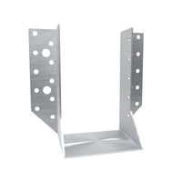 Galvanised joist hanger beam shoes carrying deck joist ends on a ledger