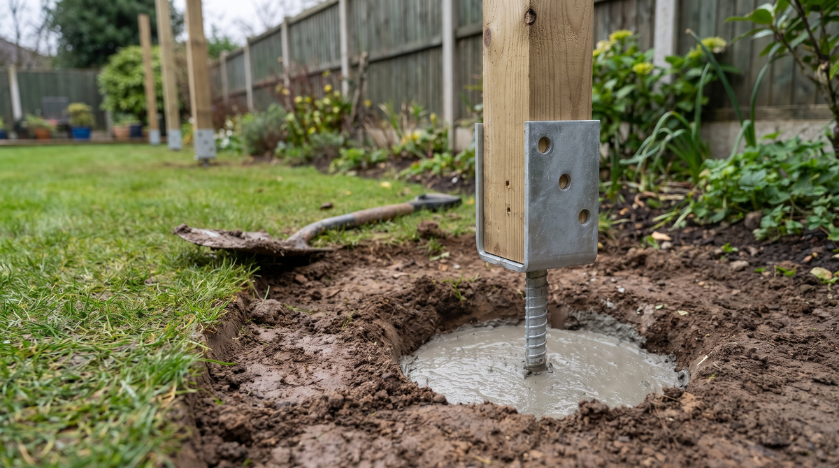 Galvanised concrete-in U post support holding a timber fence post, its rod set in freshly poured post mix in a garden hole