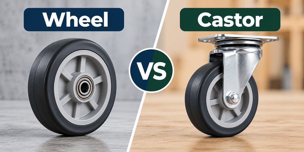 diffrence between castors and wheels:Split image comparing a standalone wheel on the left with a swivel caster on the right, labeled “Wheel” and “Castor,” with “VS” between them.