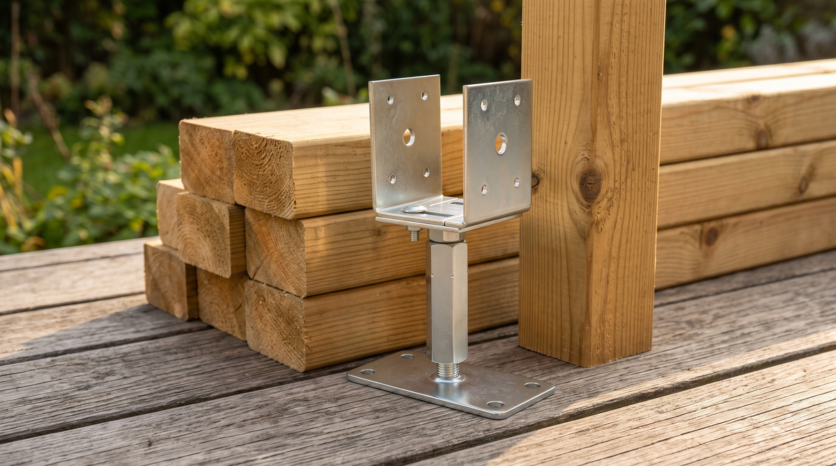 Adjustable U-shaped post support beside a stack of sawn timber posts