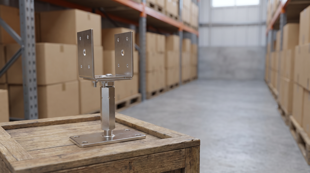 Adjustable U-shaped post support on a crate in a warehouse aisle