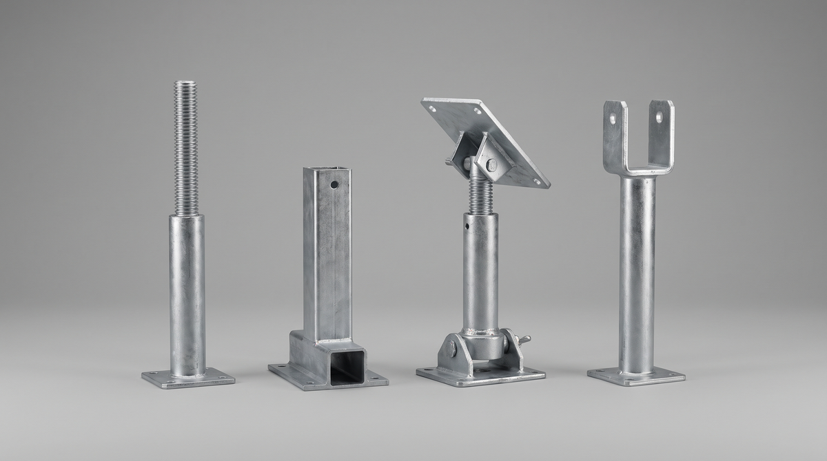 Four scaffold jack types in a row: solid screw jack, hollow base jack, swivel base jack and U-head jack.