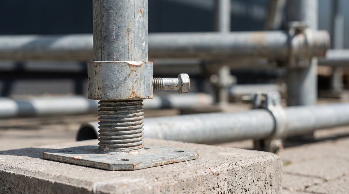 Galvanised adjustable base jack at the foot of a scaffold tower supporting a vertical standard tube on concrete.