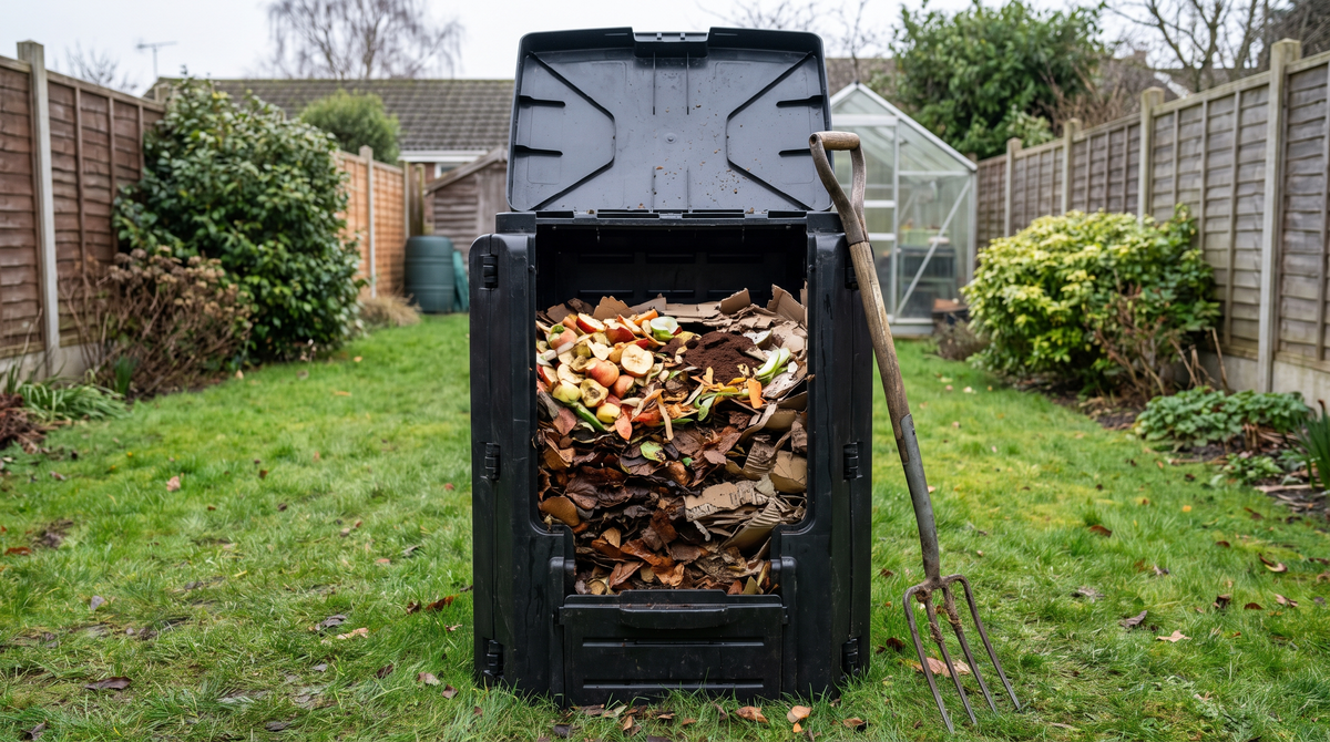 Black plastic garden composter open to show layered kitchen scraps and dry brown leaves, with a garden fork alongside.