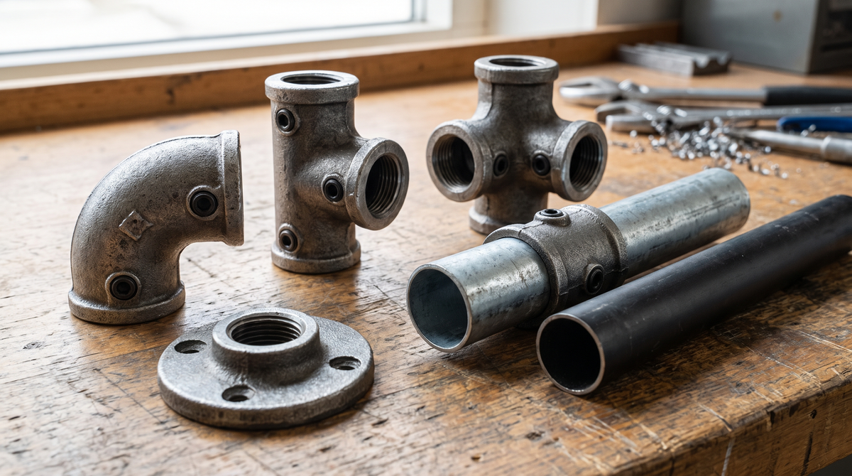 Galvanised tube clamp fittings on a workbench: a 90 degree elbow, a short tee, a four way cross and a railing base flange, all with hexagon socket grub screws, next to a galvanised steel tube joined by an inline connector and a length of black steel tube.