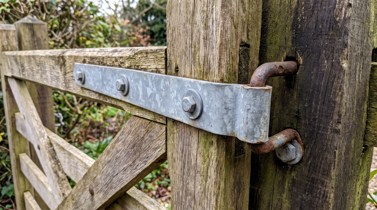 Galvanised gate band hinge wrapped over a pintle hook bolted to a timber gate post, fixed through the gate rail with coach bolts and washers