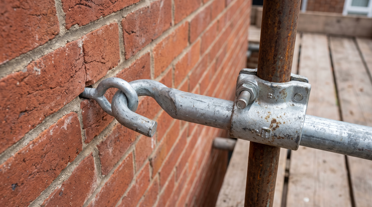 Galvanised scaffold wall tie: a hooked anchor tube engaging an eye bolt fixed into red brickwork, clamped to a vertical scaffold standard with a right angle coupler.