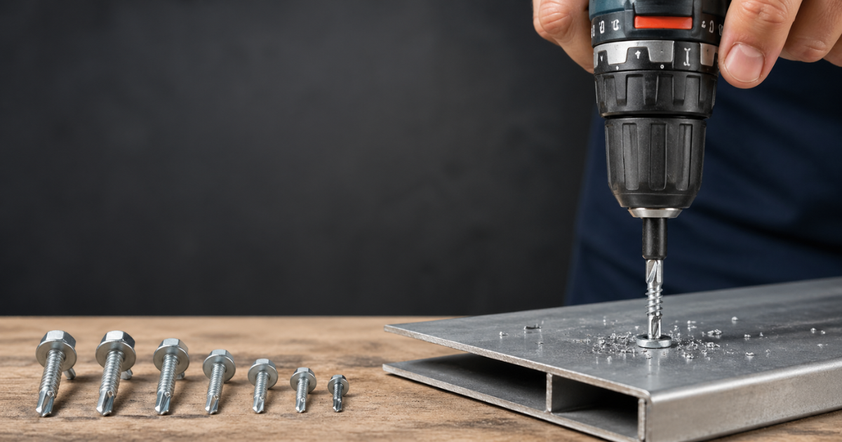 how to use self drilling screw: person uses a power drill to drive a self-tapping metal screw into a steel channel while various sizes of screws sit on a wooden surface.