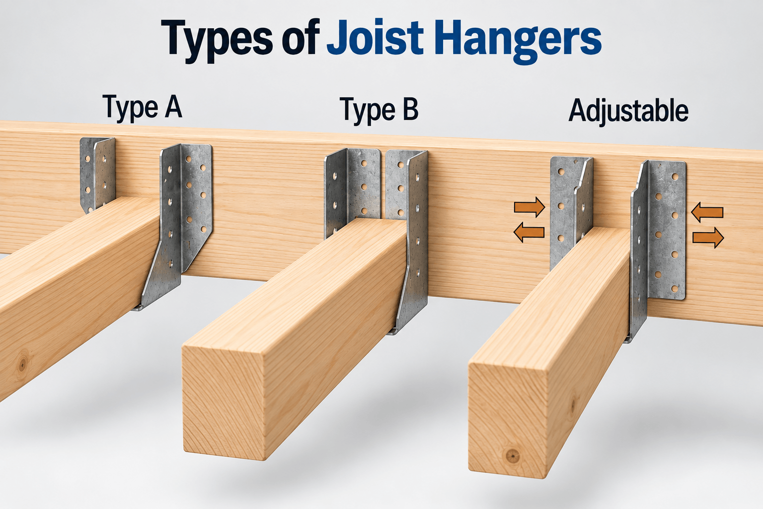 Types of Joist Hangers, image showing Type A, Type B, and adjustable metal hangers mounted on a wooden beam.