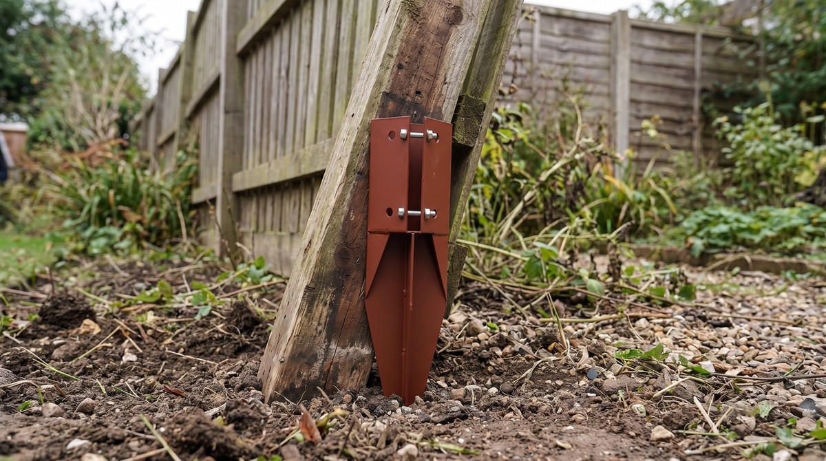 Leaning wooden fence post being straightened with a red-oxide painted repair spur