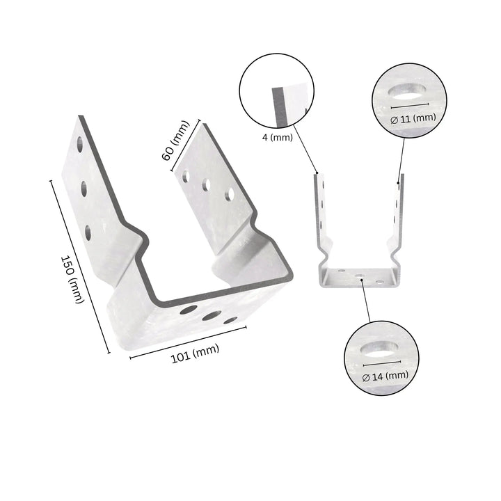 U shape post support fence foot base bracket with labeled dimensions. 