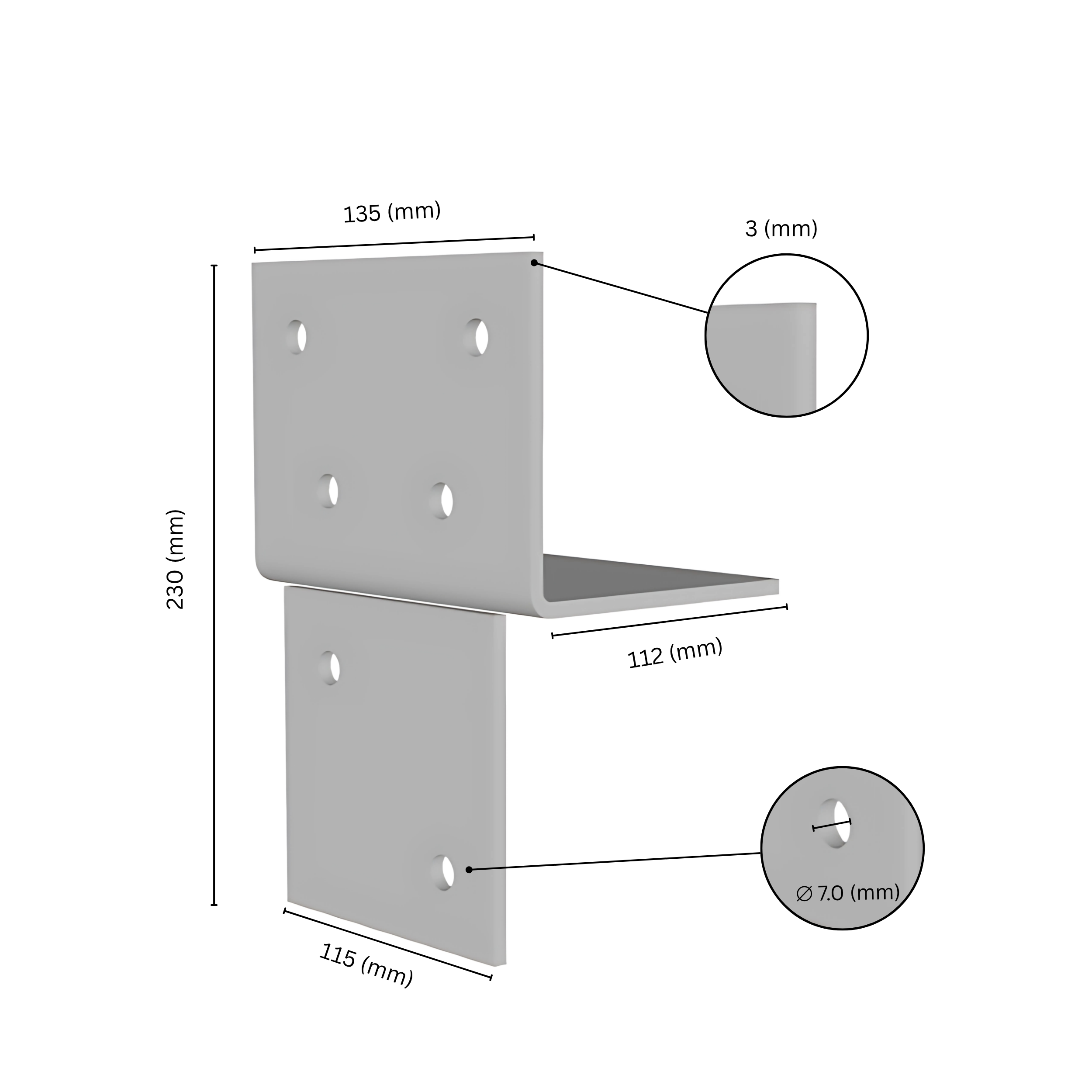 Wood connector T angle bracket with labeled dimensions.