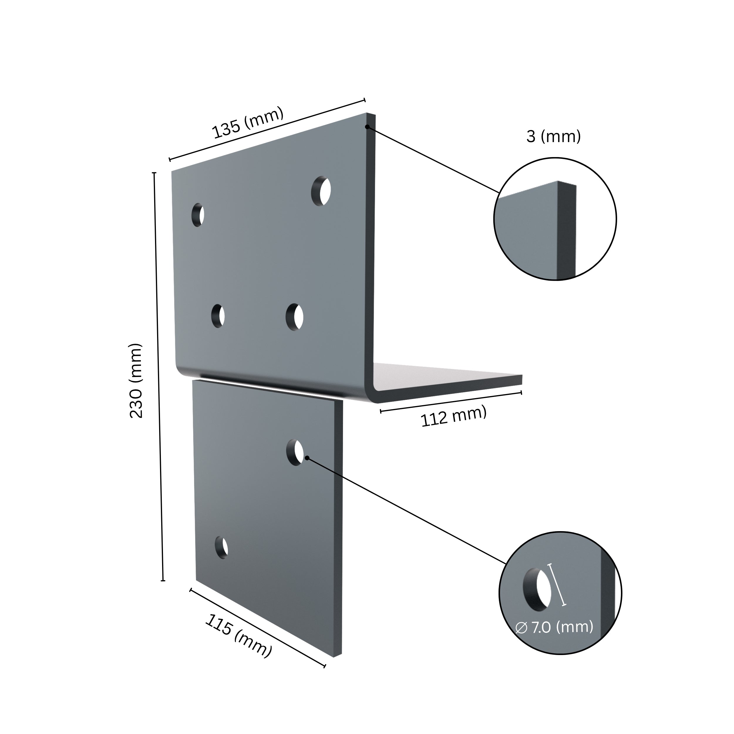 Wood connector T angle bracket with labeled dimensions.