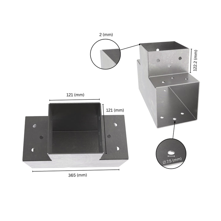 3 way post connector T shaped showing labeled dimensions, bracket size, length and thickness.