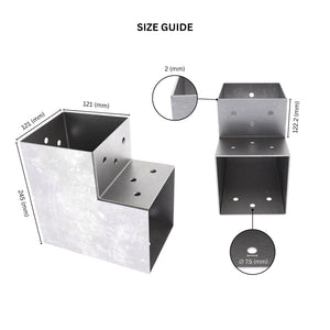 2 way post connector L shaped showing labeled dimensions, bracket size, length and thickness.