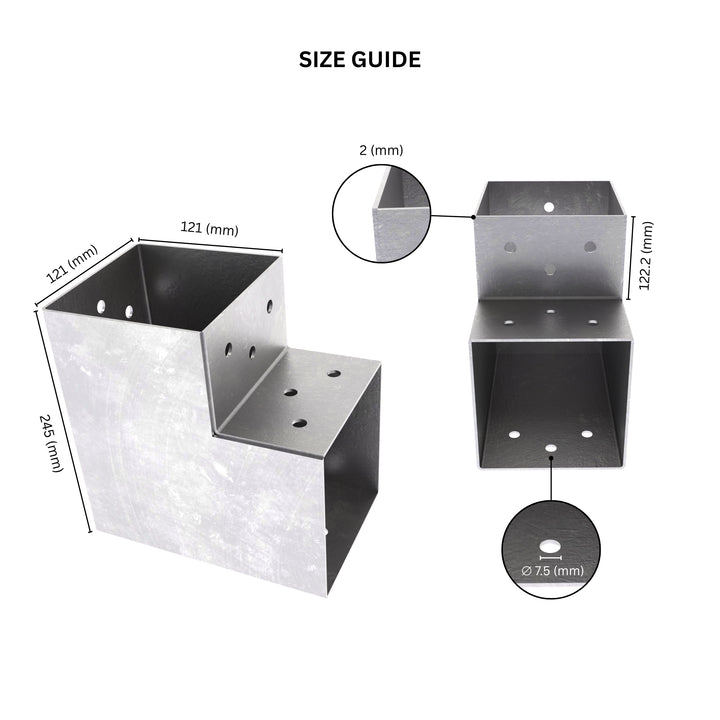 2 way post connector L shaped showing labeled dimensions, bracket size, length and thickness.
