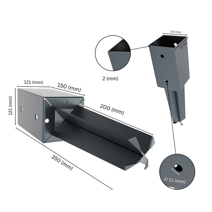 Concrete in post spike anchor with labeled size and dimensions.