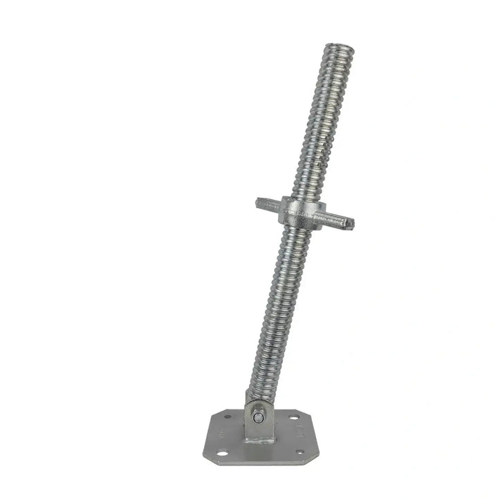 Heavy-duty scaffolding swivel base jack with threaded swivel stem, adjustable nut and base plate for leveling on uneven ground.