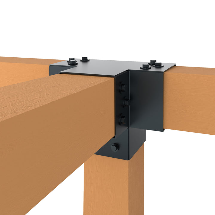 X shaped metal post connector joining four wooden beams at a right angle.