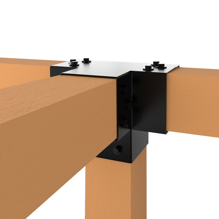 X shaped metal post connector joining four wooden beams at a right angle.