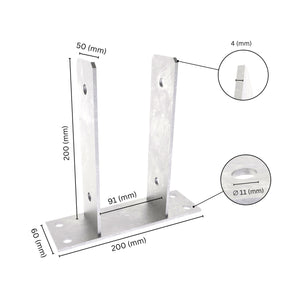 U shape post support bracket with labeled dimensions. 